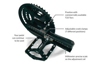 WX Vario | The assembled crank adapter with pedals and sprocket